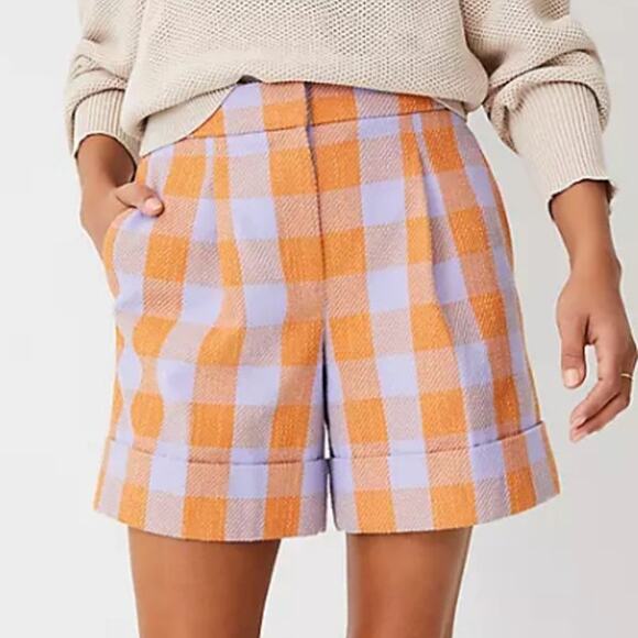 Ann Taylor Pants - Ann Taylor 8 The Wide Cuff Gingham Short Gold Lavender Preppy